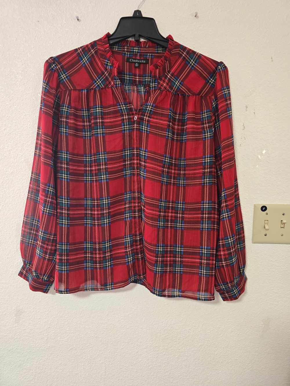Chadwicks Red Plaid Long-Sleeve Ruffle Yoke Top